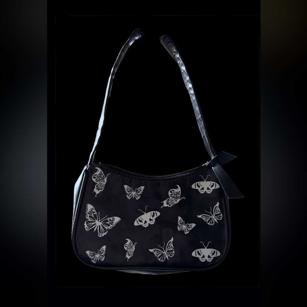 Black with White Moth and Butterfly Print Shoulder Bag